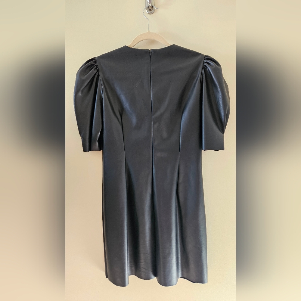 ZARA Black Leather Puff Sleeve Mini Dress Stretch Size Medium - Picture 5 of 13